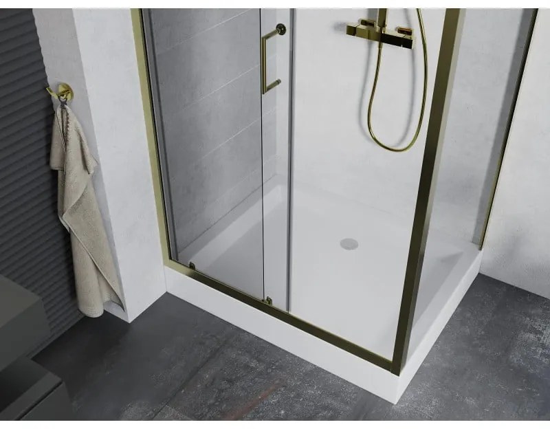 Mexen Apia, sprchový kút s posuvnými dverami 120 (dvere) x 80 (stena) cm, 6mm číre sklo, zlatý profil + biela sprchová vanička RIO, 840-120-080-50-00-4510