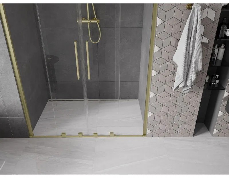 Mexen Velar Duo, posuvné dvere do otvoru 160x200 cm, 8mm číre sklo, zlatá matná, 871-160-000-02-55