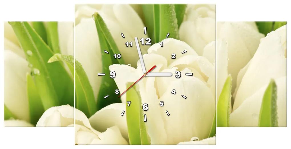Gario Obraz s hodinami Jemné tulipány - 3 dielny Rozmery: 80 x 40 cm