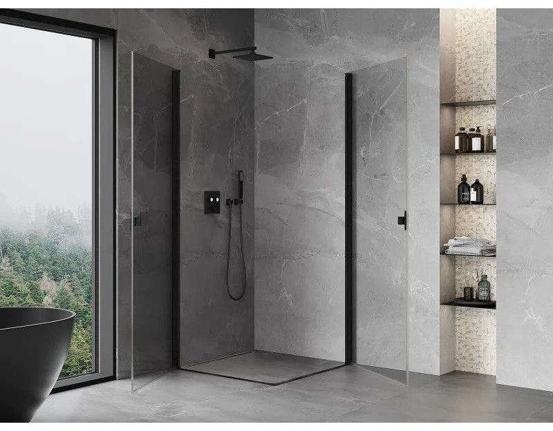 Mexen Mist-B Duo, 2-krídlový výklopný sprchový kút 85 x 85 cm, číre sklo, čierny profil, 8A2-085-085-70-00