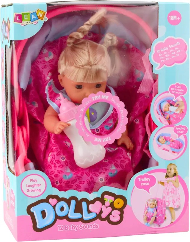 LEAN Toys Bábätko v nosiči s fľašou a cumlíkom rozpráva, džavoce, cikne