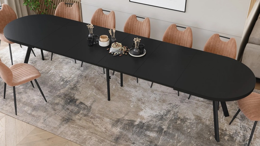 Mazzoni EXPANSO Čierny mat / čierne nohy - OVÁLNY ROZKLADACÍ STÔL 160-360 cm PRE 16-18 OSÔB