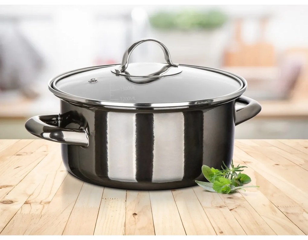 Banquet Hrniec smaltovaný METALLIC Black 20 cm, 2 l, s pokrievkou, 20 cm