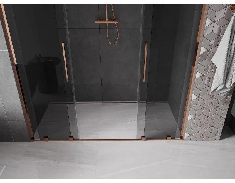 Mexen Velar L Duo, posuvné sprchové dvere do otvoru 180 cm, 8mm šedé sklo, ružové zlato, 871-180-003-42-60