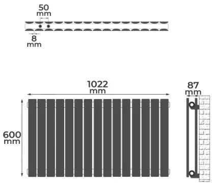 Horizontálny radiátor, stredové pripojenie, 600 x 1022 mm
