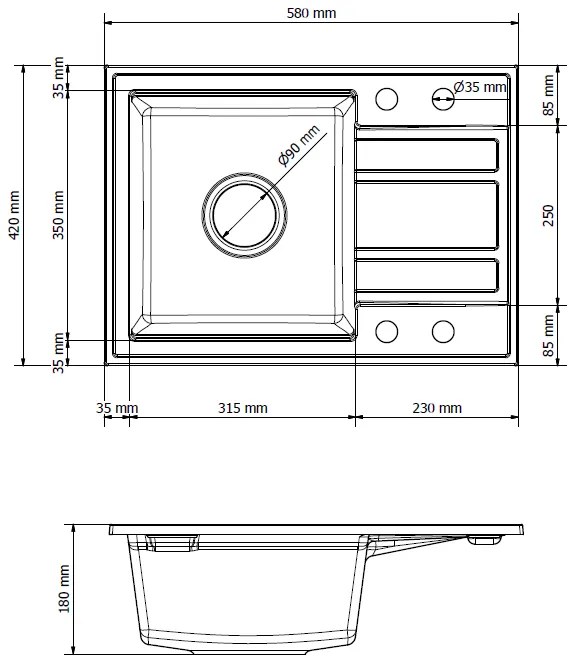 Gamma Modern 6040, 1-komorový granitový drez 580x420x185 mm s krátkym odkvapkávačom, čierna so zlatými bodmi, GMA-ZM-6040-GD