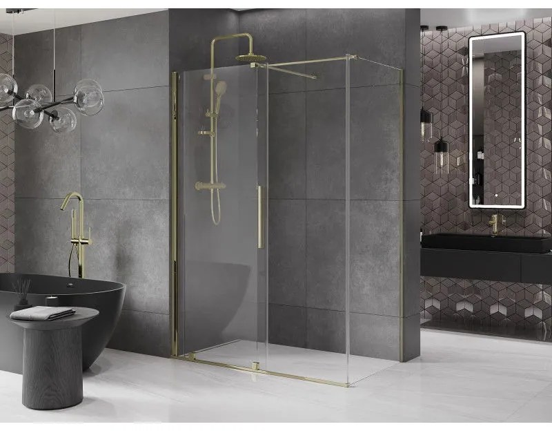 Mexen Velar, sprchový kút s posuvnými dverami 160(dvere) x 100(stena) cm, 8mm číre sklo, zlatá lesklá, 871-160-100-01-50