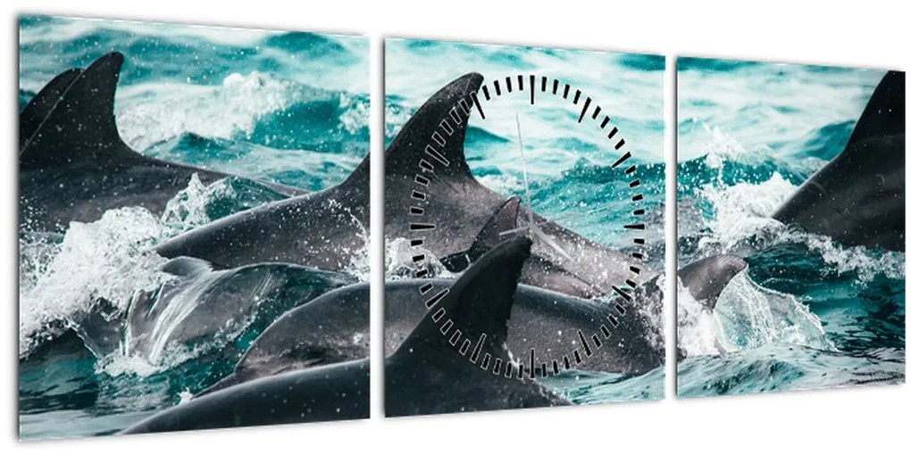 Obraz - Delfíny v oceáne (s hodinami) (90x30 cm)