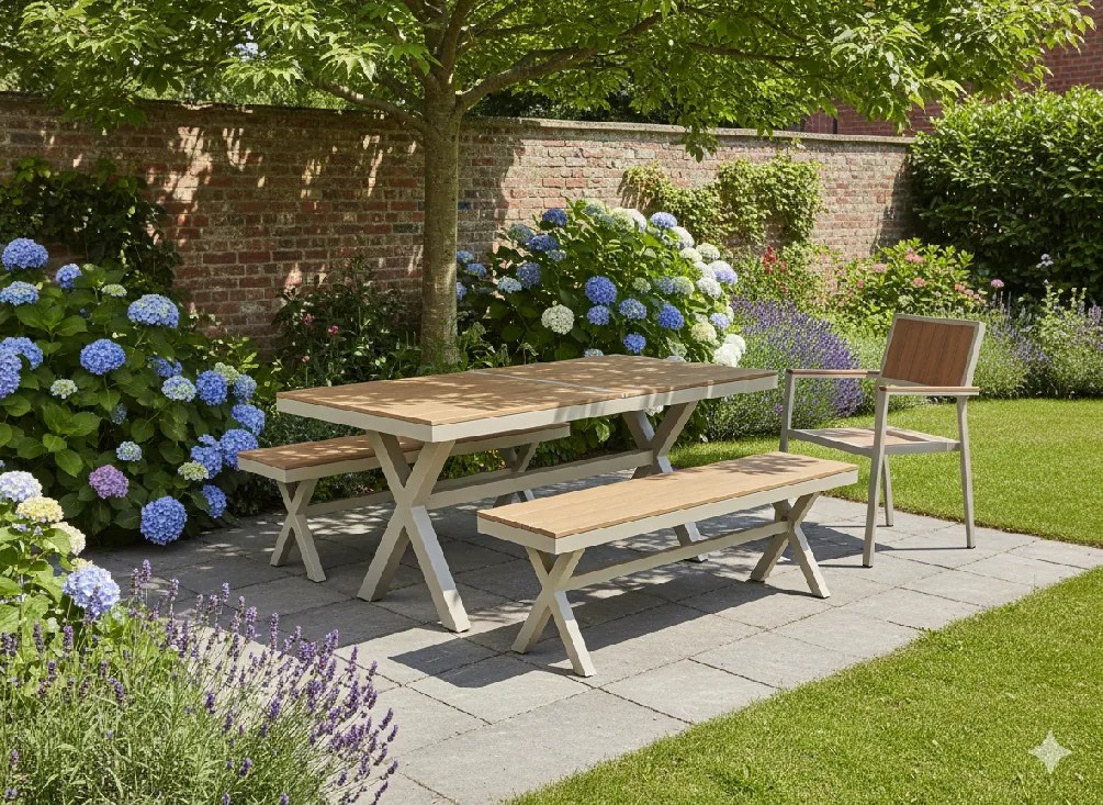 CH Béžová záhradná hliníková lavica Beno