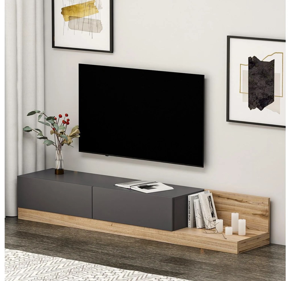 TV stolík/skrinka Kinani (antracit + orech) . Akcia -18%. Vlastná spoľahlivá doprava až k Vám domov. 1095364