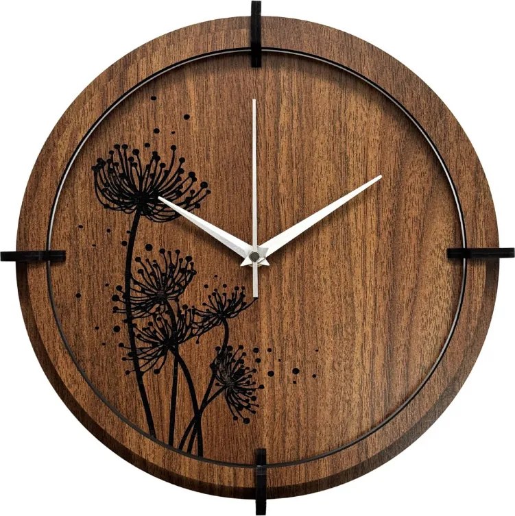 Drevené hodiny Wenge s čiernym kvetinovým motívom | SENTOP HDF0586-ORECH-WENGE