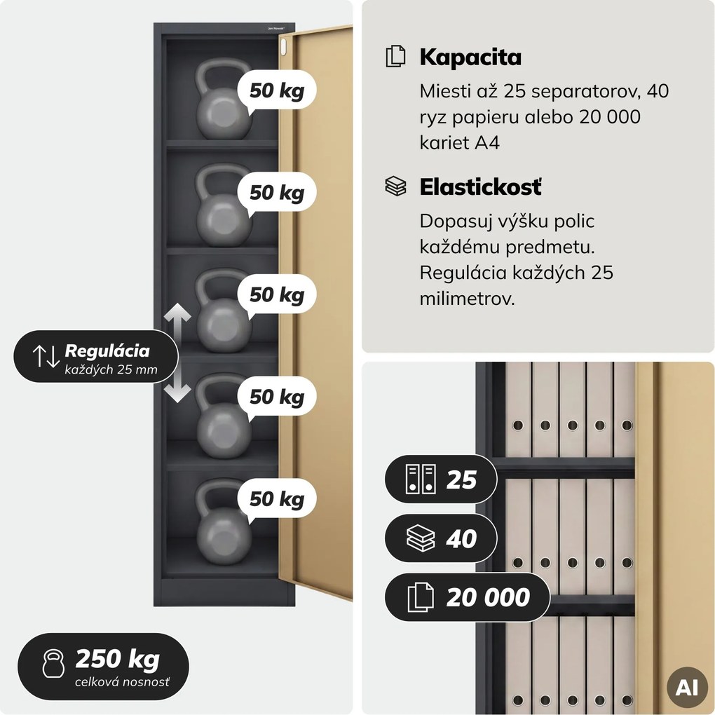 Kovová kancelárska skriňa na dokumenty, antracitová/orechová, 450x1850x400 mm: ALEX Eco Design