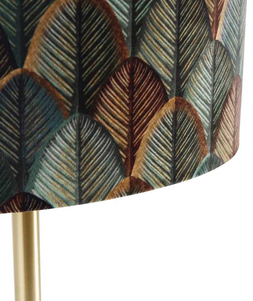 Stolná lampa mosadzná s oválnym zamatovým tienidlom s motívom listov 35 cm - Simplo