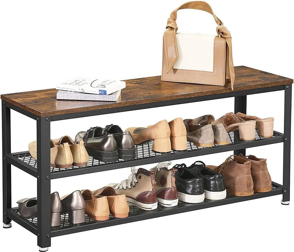 Lavica na topánky, botník s 2 policami, rustikálna hnedá