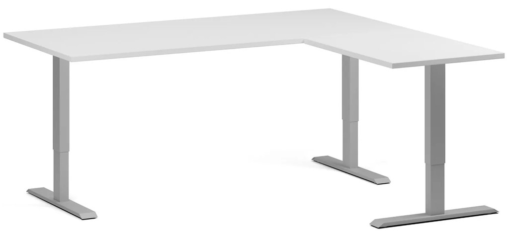 Výškovo nastaviteľný stôl, 180x160 cm, 3 motory, L/P, sivá podnož, biela
