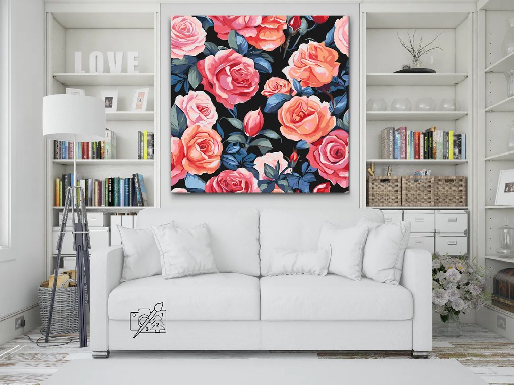 Gario Maľovanie podľa čísel Kvetinové pozadie Ruže Rozmery: 50 x 50 cm, Rámovanie: S vnútorným rámom