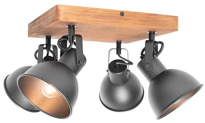 Priemyselné bodové svetlo čierne s dreveným naklápacím 4-svetlo - Tommy