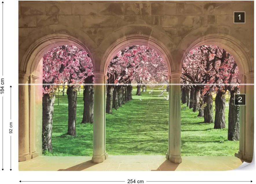 GLIX Fototapeta - Flowering Trees Cherry Blossom View Through Stone Arches Vliesová tapeta  - 254x184 cm