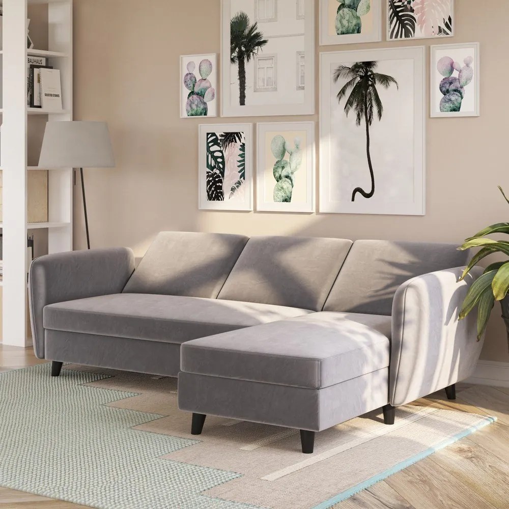 Sivá zamatová rozkladacia rohová pohovka Perry – Støraa