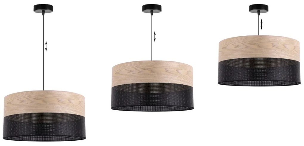 Závesné svietidlo Wood, 1x béžová dubová dýha/čierne PVC tienidlo, (fi 44cm)