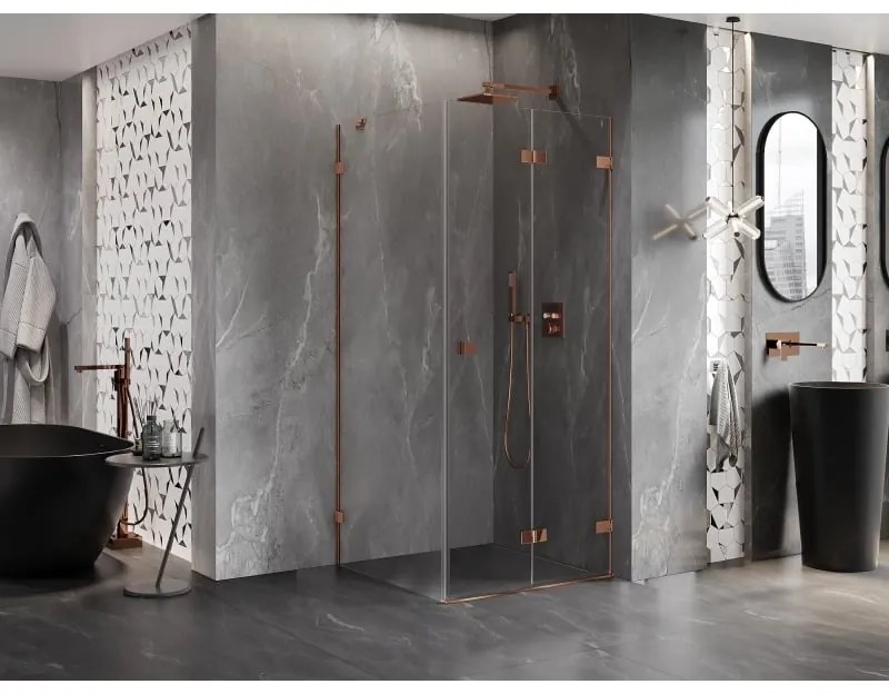 Mexen Lunar-F, 1-krídlový sprchový kút so skladacími dverami, pravý, 80 x 80 cm, 8mm číre sklo, ružové zlato profil, 836-080-080-60-00-P