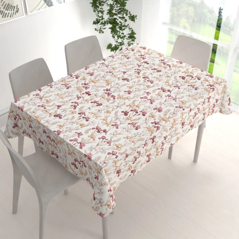 Biante Bavlnený obdĺžnikový obrus Sandra SA-636 Vínovo-béžové kosatce na bielom 50x100 cm