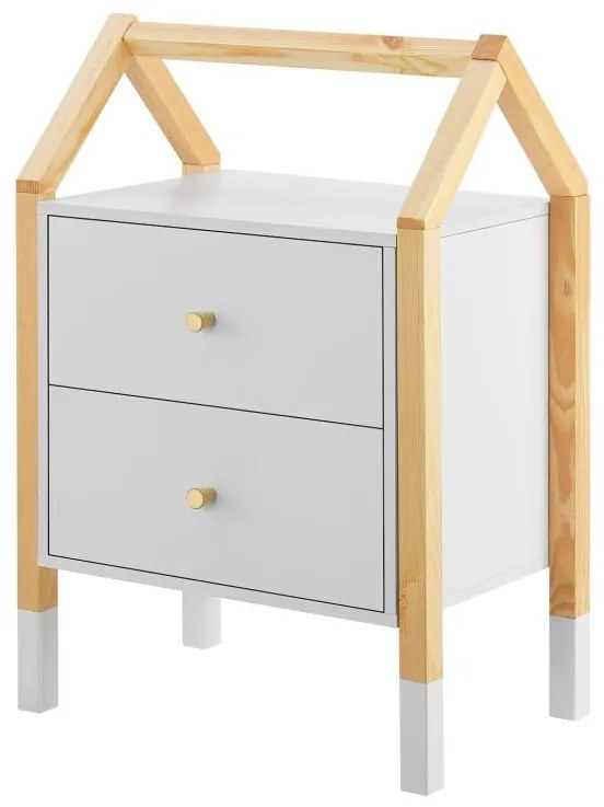 Detský nočný stolík, biely, dizajn domu, 2 zásuvky