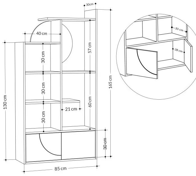 Moderná knižnica Houseland Half zafírový dub/biela