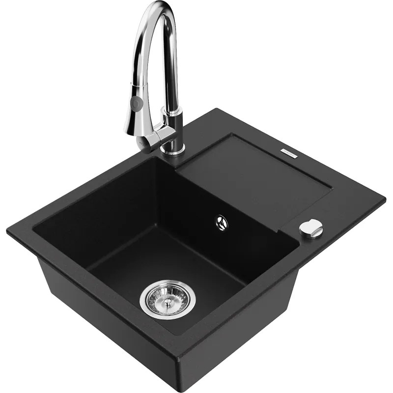Mexen Enzo, 1-komorový granitový drez 576x465x174 mm a drezová batéria Elia, čierna, 6506-77-670101-00