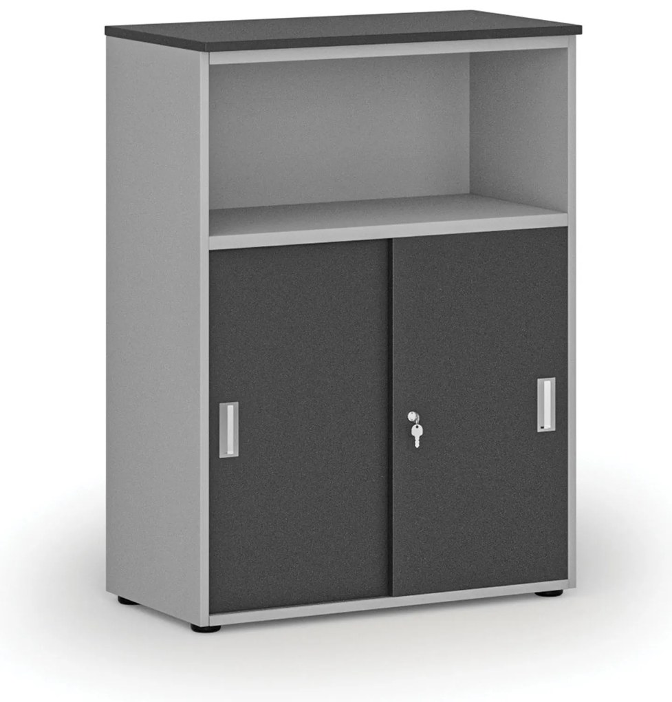 Kombinovaná kancelárska skriňa so zásuvnými dverami PRIMO GRAY, 800 x 420 x 1087 mm, sivá/grafit