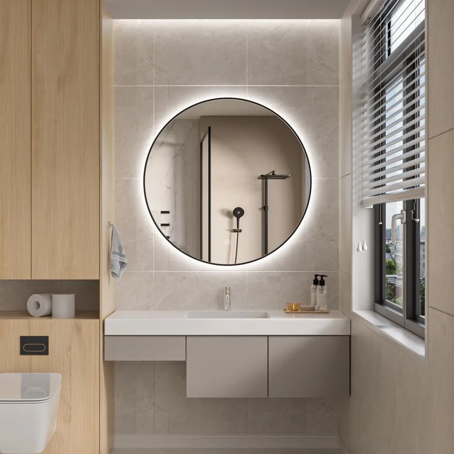 Erga Emma, okrúhle LED zrkadlo 90cm, čierny kovový rám, 2070 lm, 6500K, zadné osvetlenie, ERG-V01-201-9090-BK