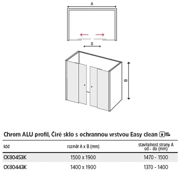 Mereo Lima, zasúvacie štvordielne sprchové dvere 140x190, 6mm číre sklo, chrómový profil, MER-CK80443K