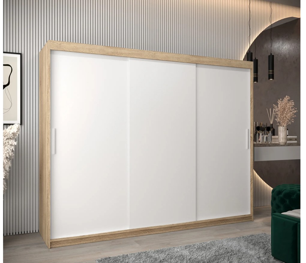 Šatníková skriňa 250 cm Toki (Dub sonoma + Biela matná). Akcia -40%. Vlastná spoľahlivá doprava až k Vám domov. 1064870