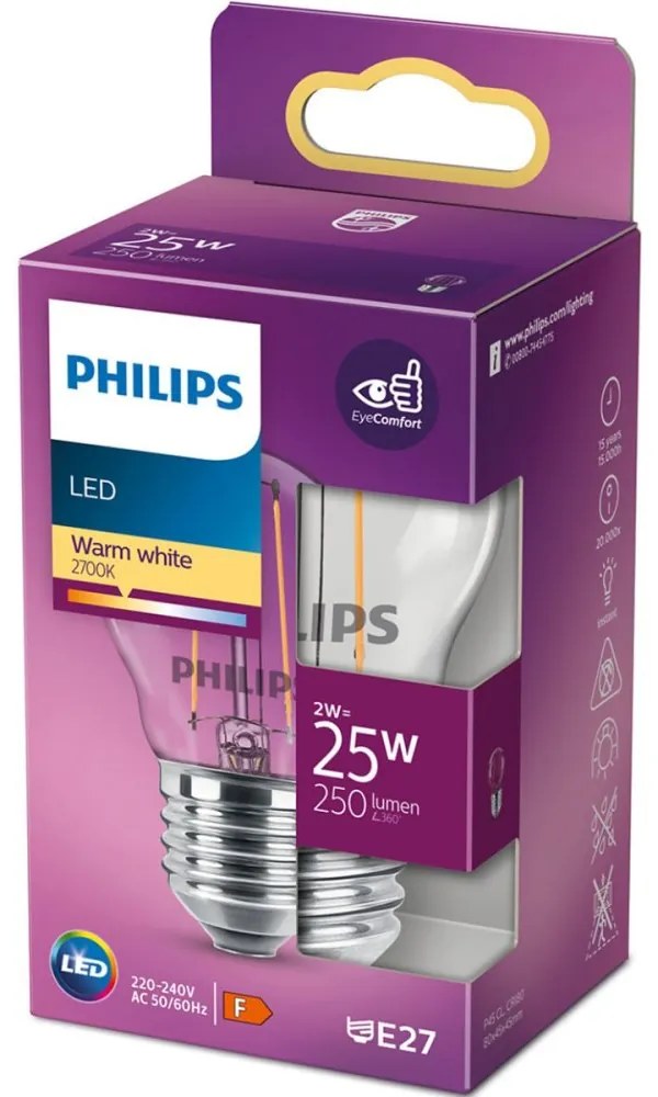 LED žiarovka E27 P45 2W = 25W 250lm 2700K Warm Filament PHILIPS