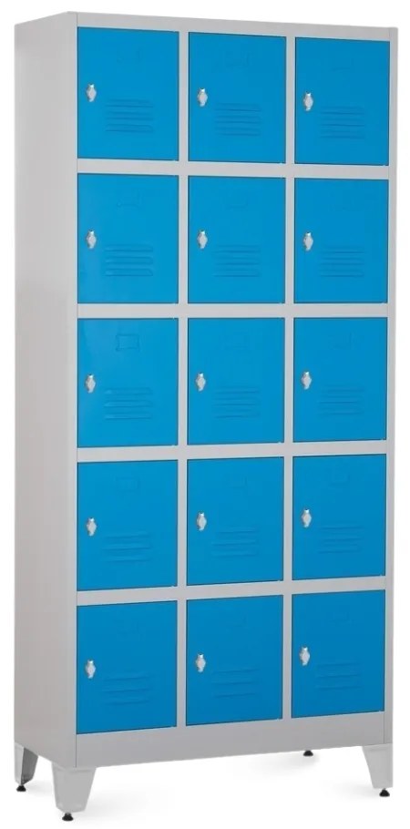 Kovová šatníková skrinka - 15 boxov, 90 x 40 x 196,5 cm, nastaviteľné nôžky, otočný zámok, modrá - ral 5012