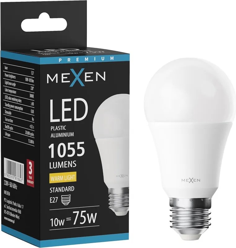 Mexen Nova, LED žiarovka E27, A60, 10W, teplá - 3000K, 1055 lm - L100-E27-1030-01