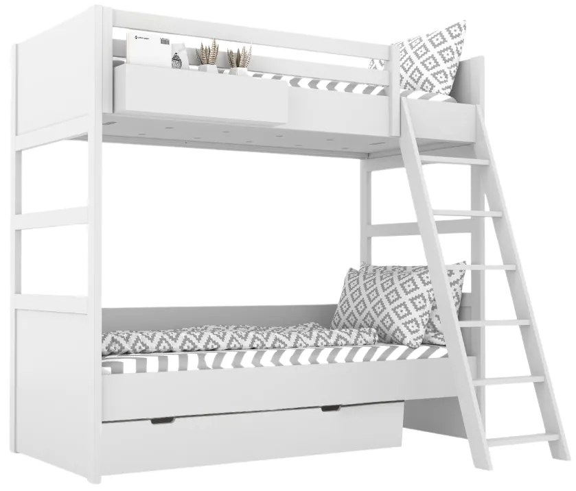 Biela detská poschodová posteľ SIMONE s rebríkom a policou 90x200 cm