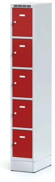 Alfa 3 Šatníková skrinka na sokli s úložnými boxami, 5 boxov, 1920 x 300 x 500 mm, otočný zámok, červené dvere