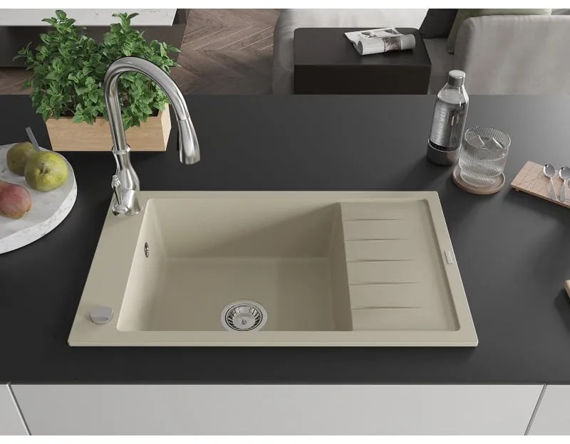 Mexen Elias, 1-komorový granitový drez 795x480x200 mm a drezová batéria Savita, béžová, 6511-69-672601-00