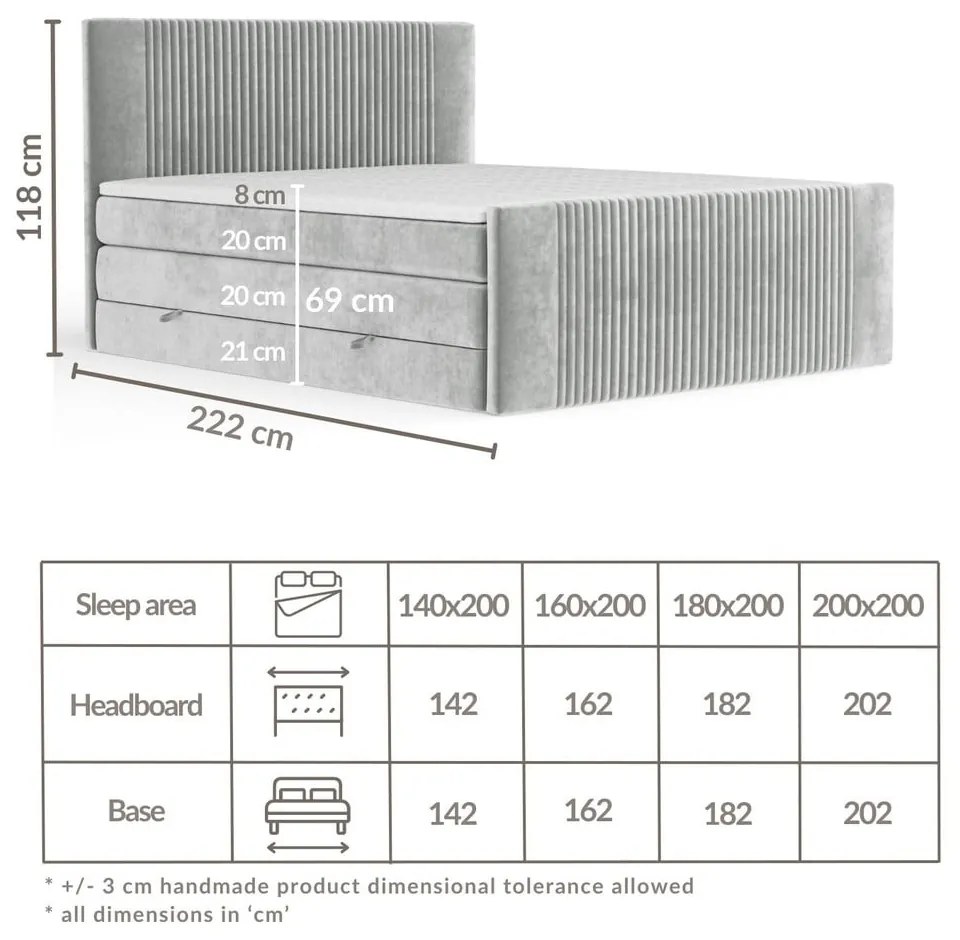 Svetlosivá boxspring posteľ s úložným priestorom 160x200 cm Bergamo – Maison de Rêve