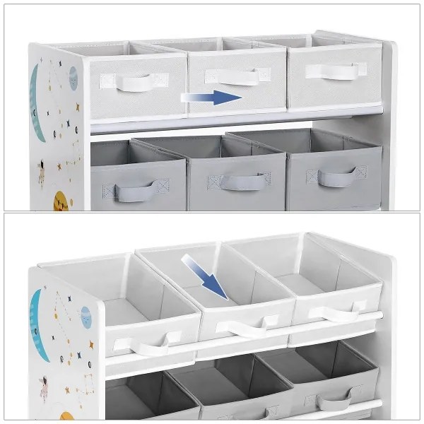 Detský regál s látkovými boxmi ANET modro-biely