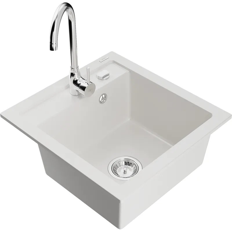 Mexen Vito, 1-komorový granitový drez a kuchynská batéria Telma, biela, 6503-20-670200-00