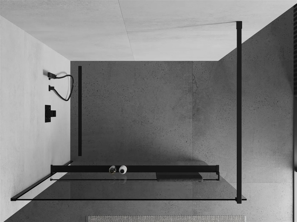 Mexen Kioto+, sprchová zástena s poličkou a držiakom na uteráky 100 x 200 cm, 8mm číre sklo, čierny profil, 800-100-121-70-00