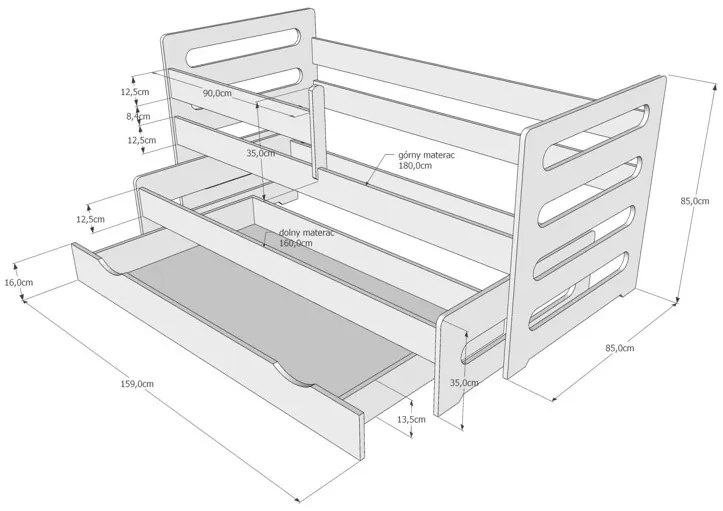 Raj posteli Detská posteľ FILIP s prístelkou a zásuvkou PW 180x80 cm