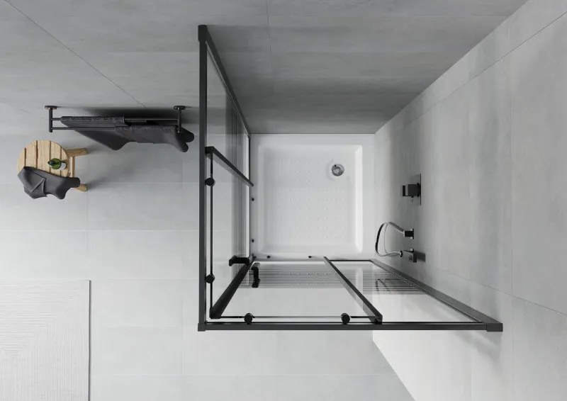 Mexen Rio, štvorcový sprchovací kút s posuvnými dverami 80(dvere) x 80(dvere) x 190 cm, 6mm číre sklo s pásikmi, čierny profil + biela sprchová vanička RIO, 860-080-080-70-20-4510