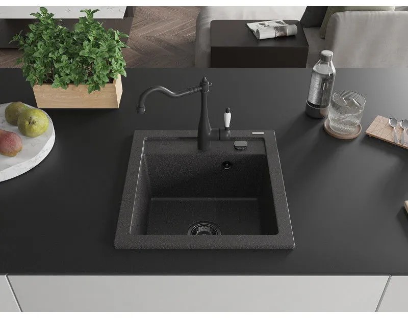 Mexen Vito, granitový drez 490x520x210 mm, 1-komorový a drezová batéria Carla, čierna škvrnitá, 6503-76-670700-70-B