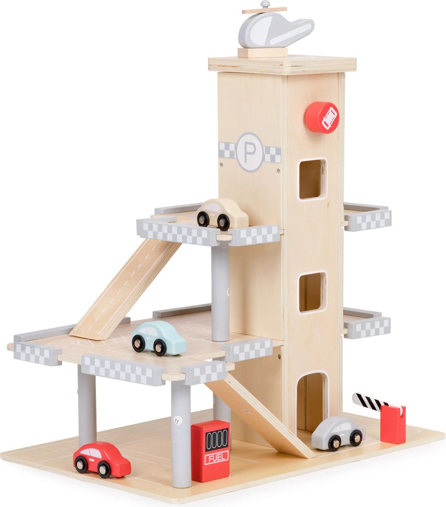 Drevená 3-poschodová garáž s výťahom, autíčka a vrtuľník ECOTOYS pre deti 3+