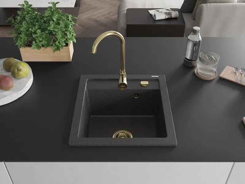 Mexen Vito, granitový drez 520x490x210 mm, 1-komorový, čierna škvrnitá so zlatým sifónom, 6503521000-76-G