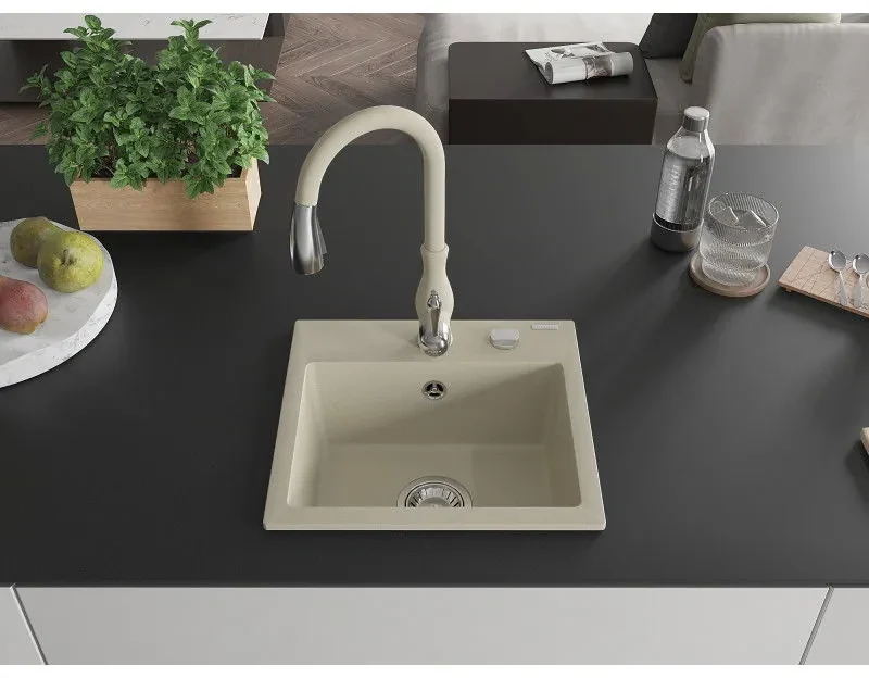 Mexen Milo, 1-komorový granitový drez 435x410x171 mm a drezová batéria Savita, béžová, 6505-69-672601-69