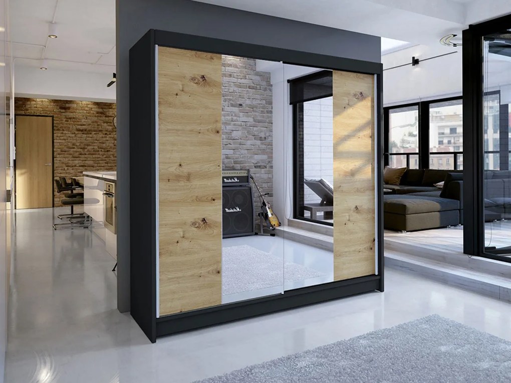 Šatníková skriňa s posuvnými dverami Bar II, Farby: čierny / dub artisan, Osvetlenie: osvetlenie LED RGB - farebné